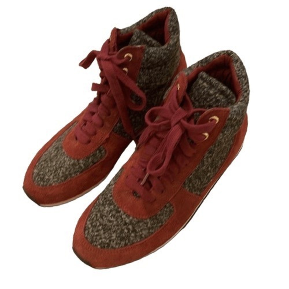 ISAAC MIZRAHI LIVE DESSYE Boot Burgundy Suede Tweed High Top Lace Up Shoes 8.5‎